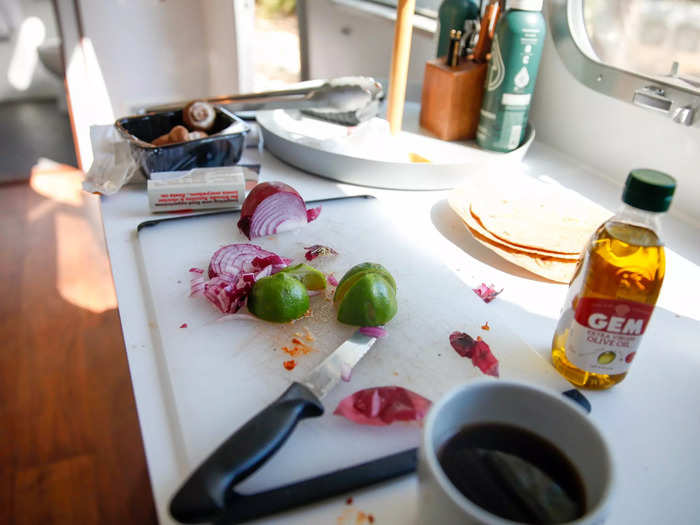 The trailer comes fully stocked with everything you need to prepare a meal, minus the food.