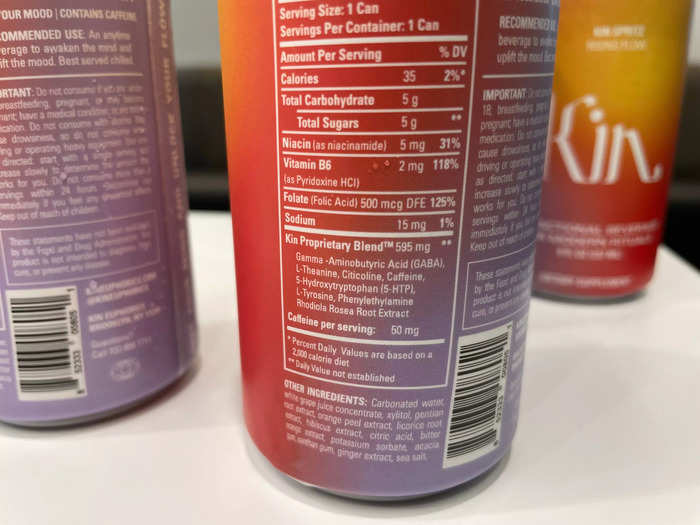 Kin drinks say they have 50 mg of caffeine in an 8-ounce can, roughly the same as black tea. But I felt a bit more stimulated, like having two coffees in a row.