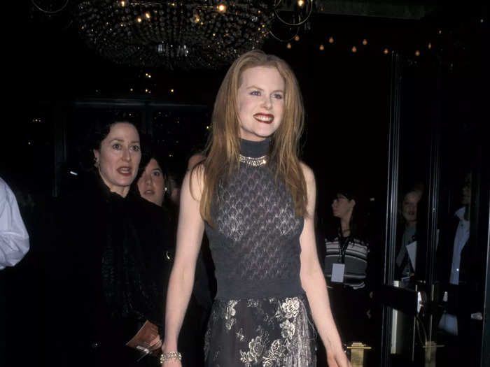 Kidman paired a black see-through top with this patterned fringed skirt for the premiere  of "The Peacemaker" in September 1997.