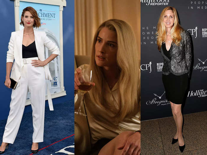 Cobie Smulders dons a long blonde wig to play conservative commentator Ann Coulter. Smulders stepped in to play Coulter after Betty Gilpin, who was previously cast in the role, had to exit the project over scheduling conflicts.