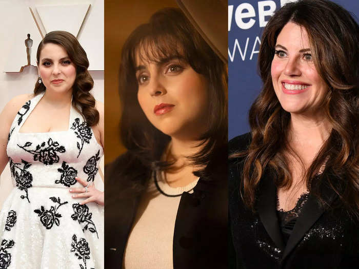 Beanie Feldstein transforms into Monica Lewinsky in "Impeachment: American Crime Story" with her hair styled similarly to that of the former White House intern.