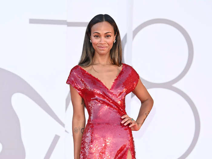 Zoe Saldana attended the premiere of "The Hand of God" in a sequined Dolce & Gabbana gown.