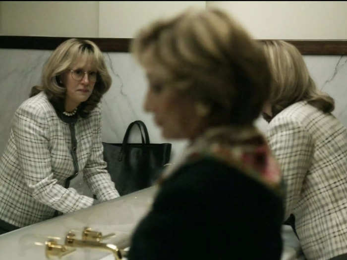 Linda Tripp (Sarah Paulson) meets Hillary Clinton (Edie Falco) for the first time in a White House communal bathroom in a moment taken directly from Jane Mayer