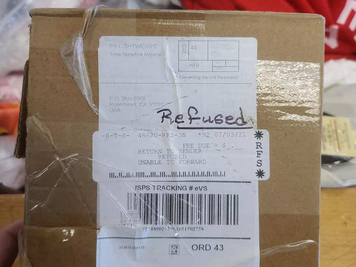 The few intact boxes  had things like "refused," "return to sender," and "no such number" written on them, just like the Elvis Presley song.