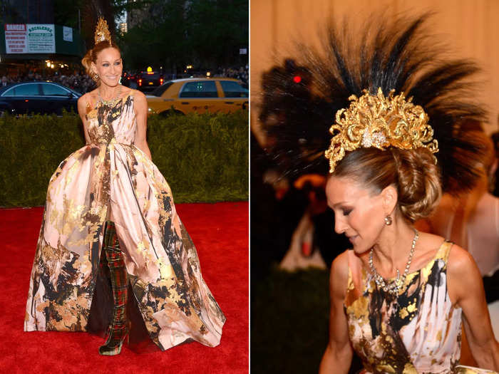 The actress turned heads on the red carpet at the 2013 Met Gala in a striking dress by Giles with a Philip Treacy headpiece.