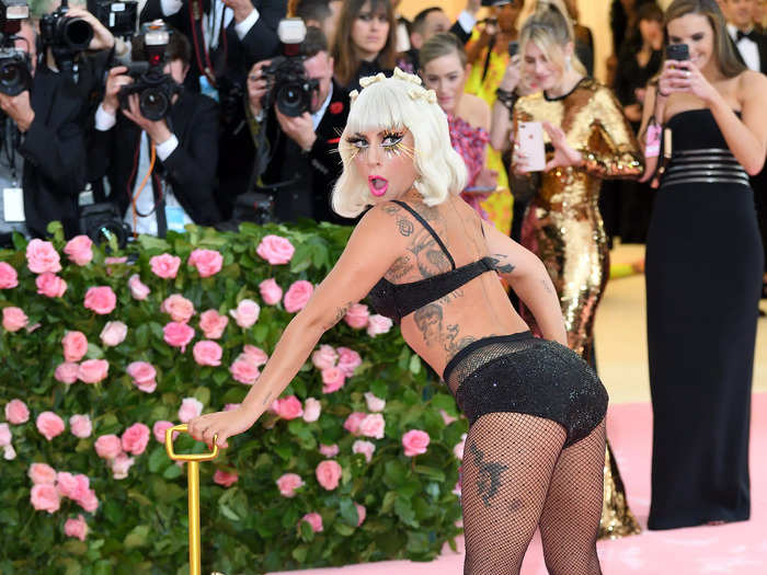 Her final look was the most daring of all. Gaga unveiled a sparkly black bra set and tights and accessorized it with a pink wagon filled with rosé wine bearing the words "Haus of Gaga."