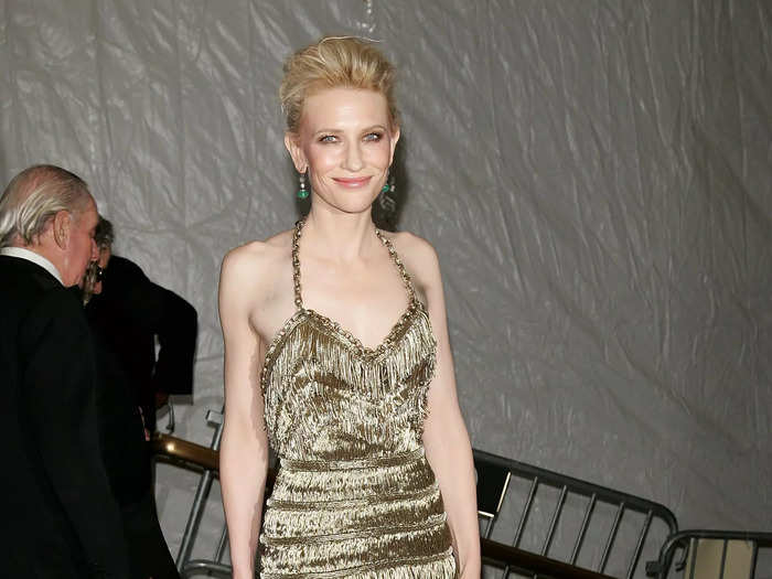 Cate Blanchett wore a gold, fringe-covered Balenciaga gown with chain straps and a low back when she co-chaired the Met Gala in 2007.