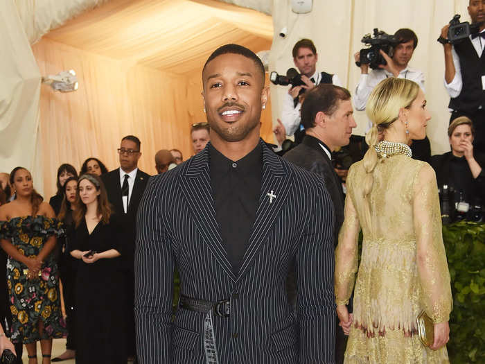 Michael B. Jordan wore a well-tailored, pinstripe suit to the Met Gala.