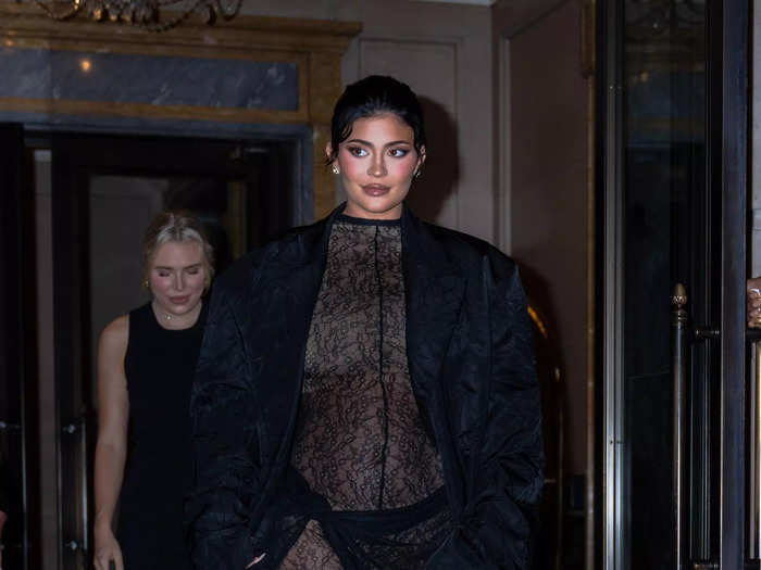 Kylie Jenner was photographed in New York City wearing a see-through LaQuan Smith jumpsuit.