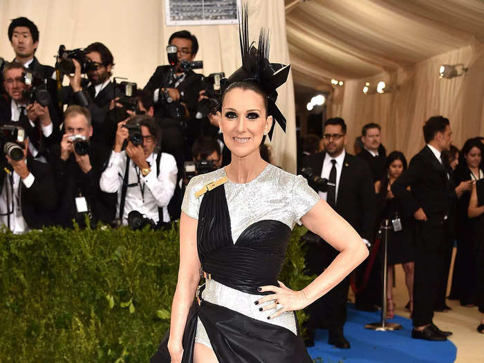 Celine Dion wore an intricate black gown with a daring thigh-high split for her first Met Gala in 2017.