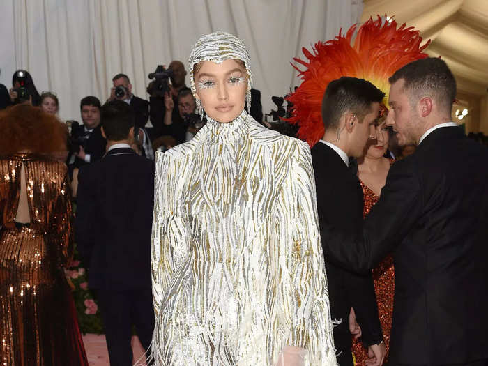 Hadid brought high-fashion to the red carpet for the 2019 Met Gala with this shimmering and feathered catsuit.