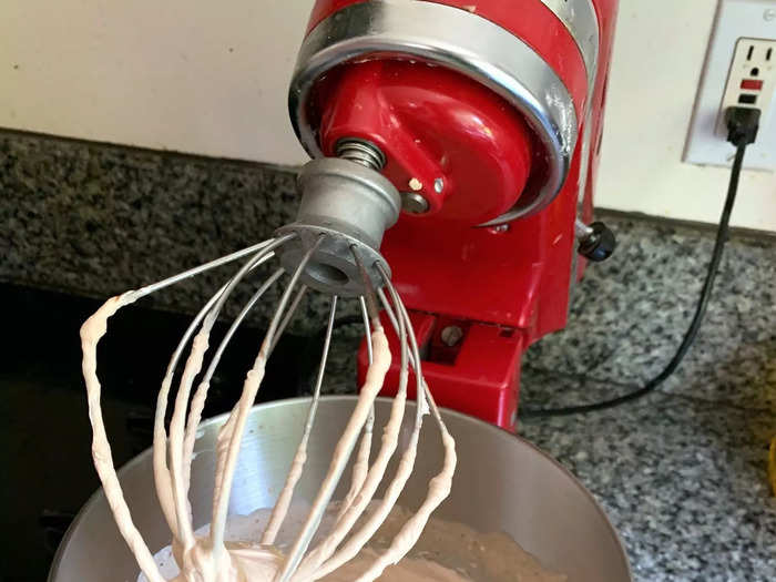 I slowly raised the speed until the mocha whipped cream formed stiff peaks on the whisk attachment.