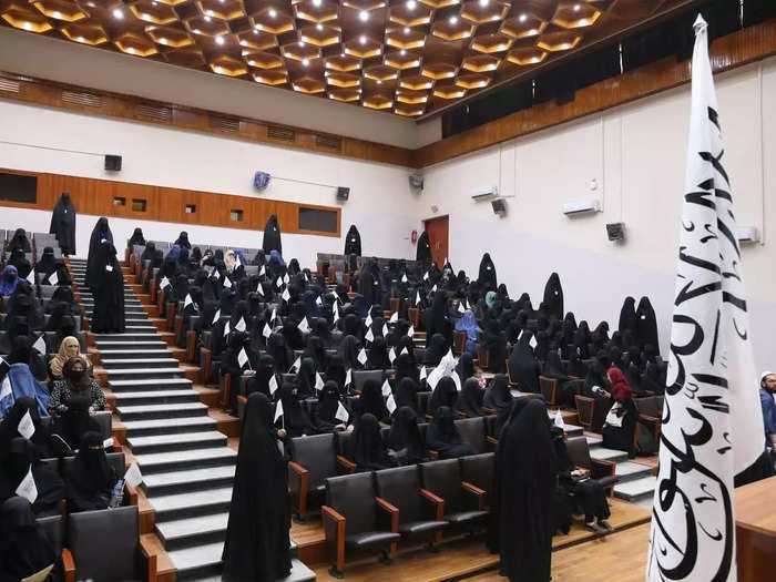 Veiled women attended an event in support of the Taliban