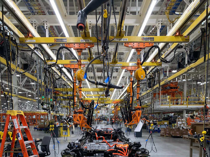 On the other side of the building from where the bodies arrive is the chassis shop, where frames are built up with suspension and other components.