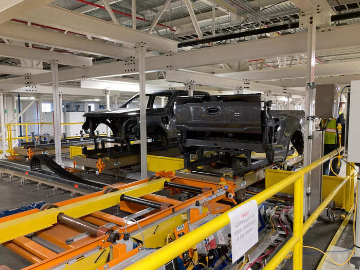 F-150 cabs and pickup beds will arrive by conveyor belt with a fresh coat of paint.