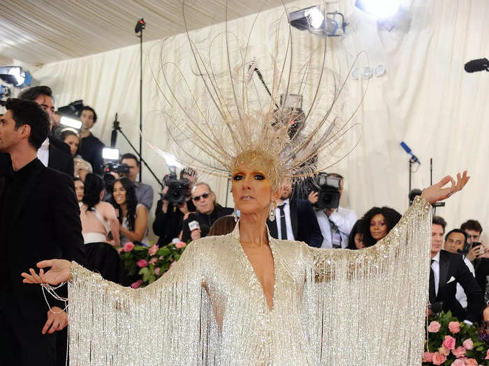 At the 2019 star-studded event, Celine Dion wore an Oscar de la Renta leotard that was designed with a metallic fringe.