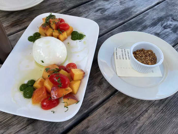 For dinner, I ordered a shared appetizer with my meal. We chose burrata but made sure to get the breadcrumbs on the side.