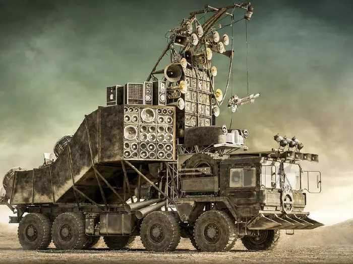 The Doof Wagon is a repurposed 8 x 8 M.A.N. missile-carrier that keeps the beat with drums amplified with air-conditioning ductwork and a roaring bass guitar thumping out "the soundtrack to the end of civilization."