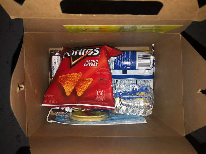 The snack pack included another water bottle, a small bag of Doritos, pretzels, M&M