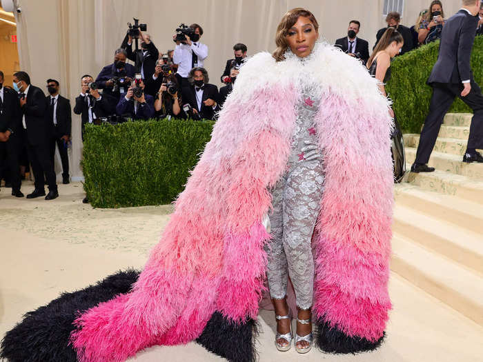 Serena Williams wore a sheer bodysuit with an over-the-top feathered cape by Gucci.