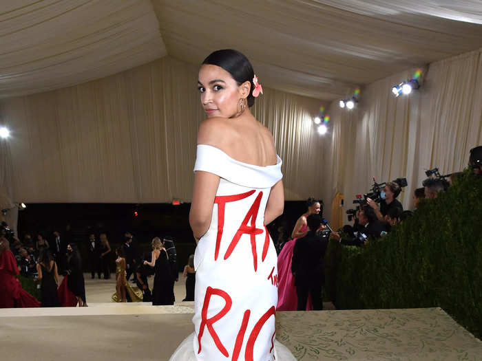 In her first Met Gala appearance, Representative Alexandria Ocasio-Cortez wore a dress with "tax the rich" written on it.