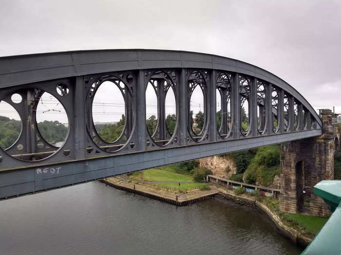 The Metro takes passengers over two rivers, the Wear and the Tyne. This is the Metro bridge that takes you over the Wear in Sunderland ...