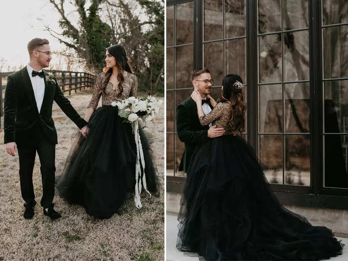 Two-piece bridal dresses can be stunning in a black color scheme.