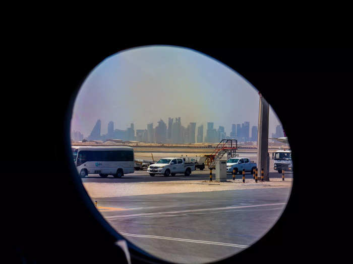 Soon enough, we were taxing to the runway with downtown Doha in sight. The oval windows are Gulfstream