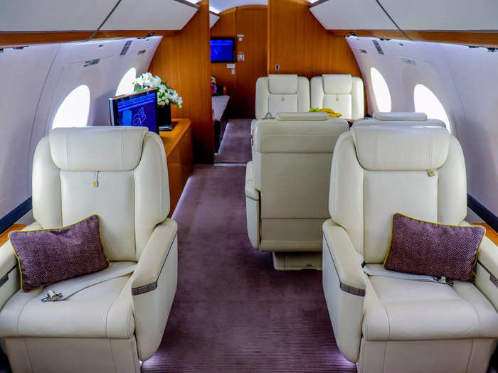 A total of 13 passengers can be seated in the 46-foot and 10-inch G650ER cabin that