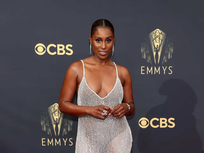 Issa Rae looked like she was dripping in diamonds in this sheer silver dress.