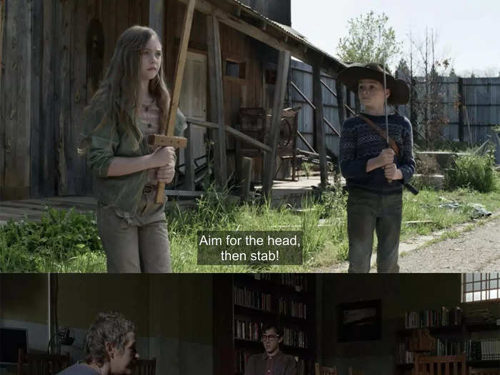 The moment also shares a parallel with Carol training children how to defend themselves at the prison on season four.