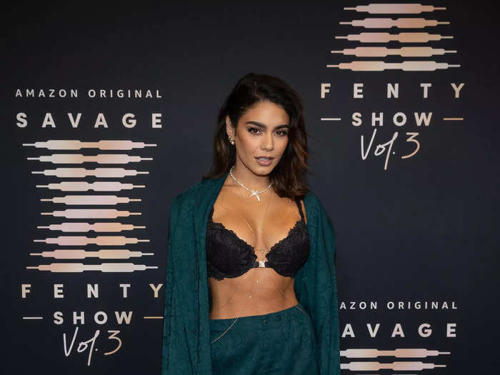 Vanessa Hudgens made a statement in teal pajamas with a black lace bra. She accessorized it with a body chain and silver jewelry.