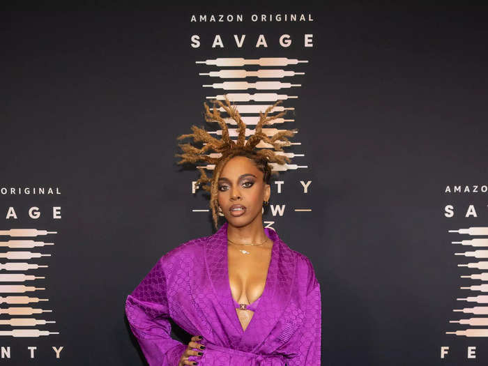 Jade Novah wore elevated leisurewear to the premiere, donning a purple robe, pants, and a matching bra.