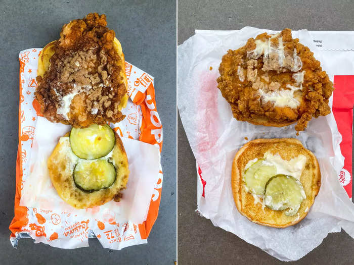 I started by comparing the regular fried-chicken sandwiches, both of which cost $3.99.