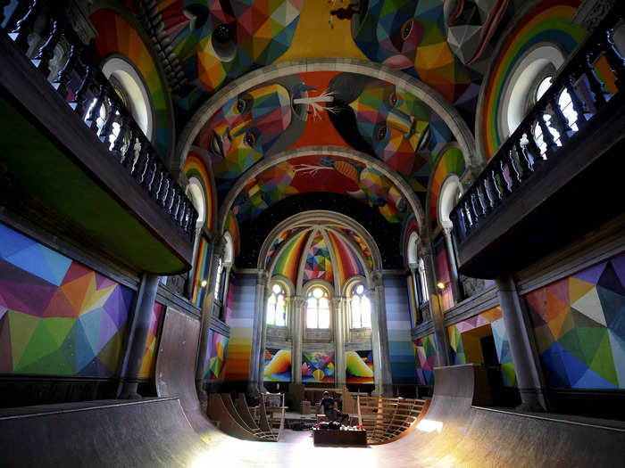 A group of skaters is turning the abandoned Santa Barbara church in Llanera, Spain, into a skate park.