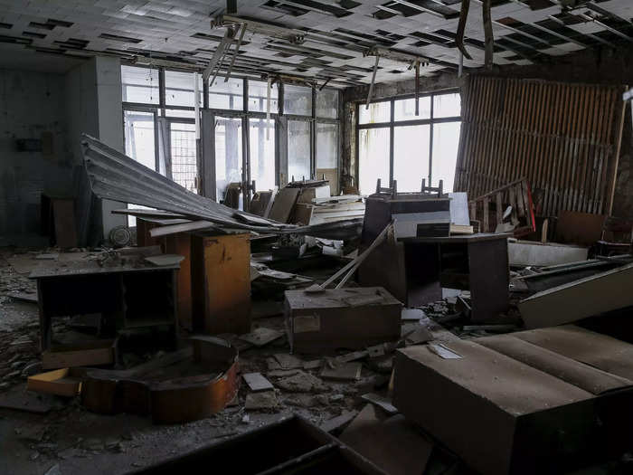 A dilapidated building stands in the abandoned city of Pripyat near the Chernobyl nuclear power plant in Ukraine.