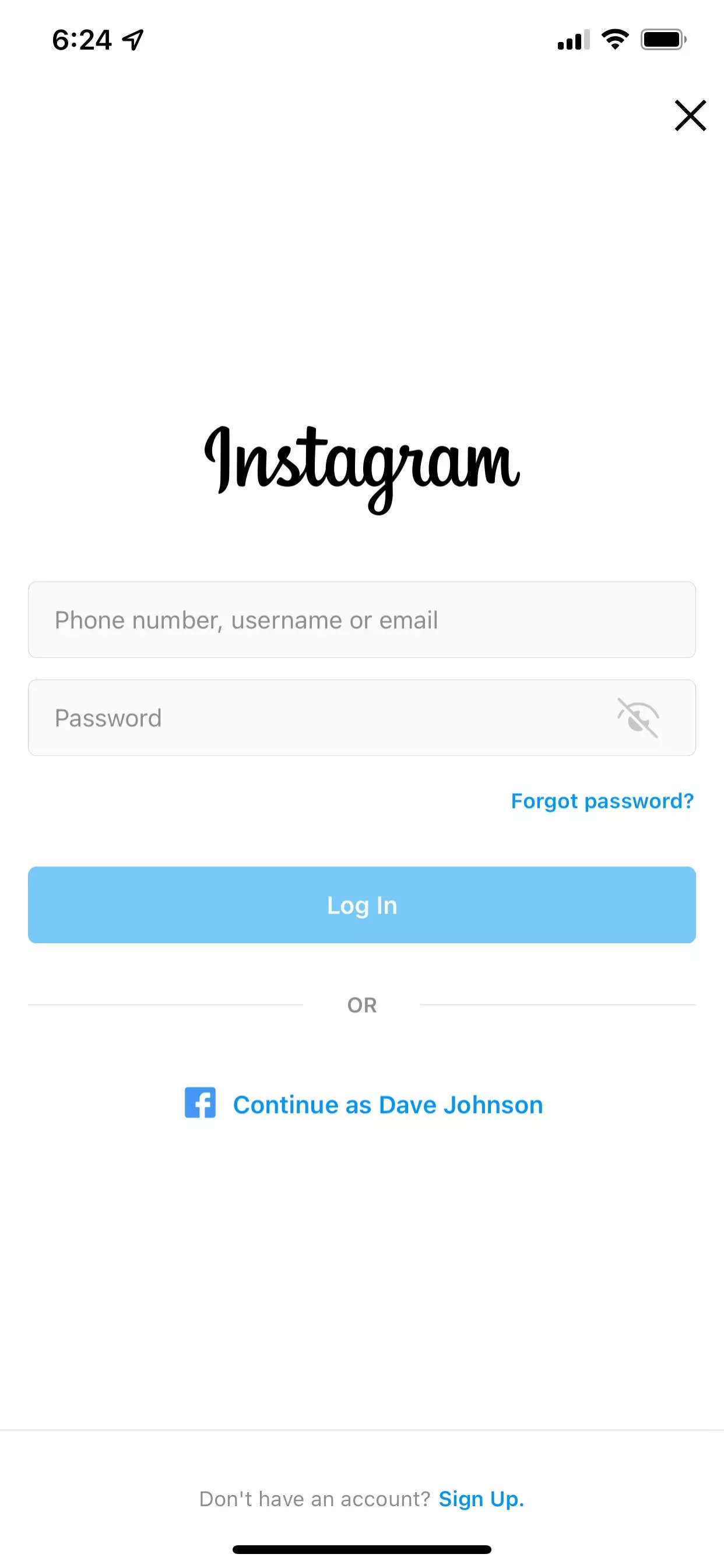 [Instagram-login - The Instagram login page on an iPhone.]