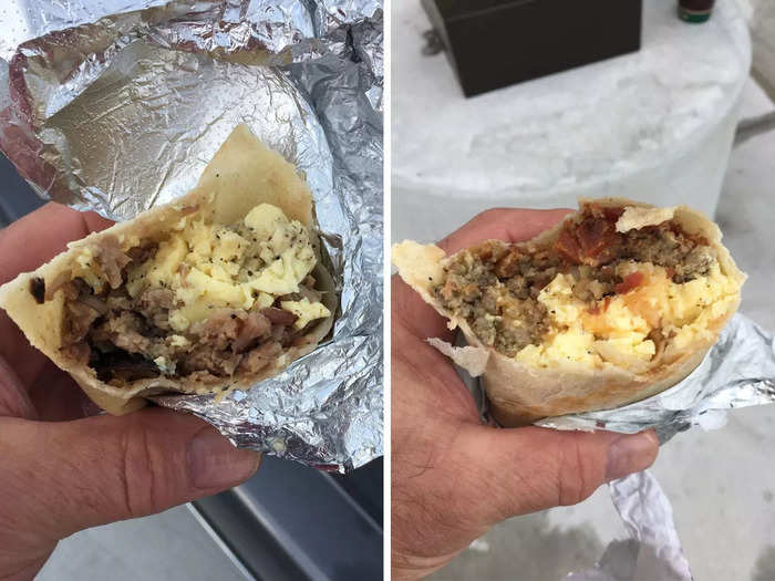 We ordered two kinds of breakfast burritos and loved them both. Not only were they affordable at less than $5 each, but they were also fresh and delicious. The smaller burrito (left) cost $3.49, and the larger (right) cost $4.98.