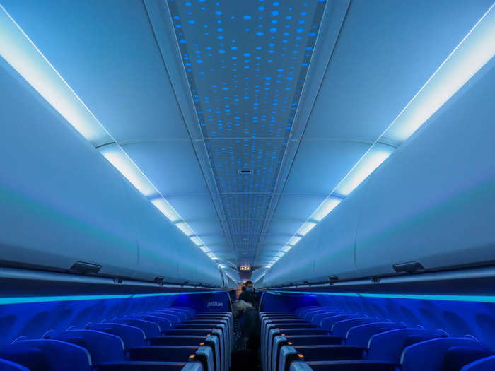 Also on display during boarding was the Airbus Airspace cabin found on its newest jets. Mood lighting welcomes passengers onboard with LED lights above giving the impression of a starry night.