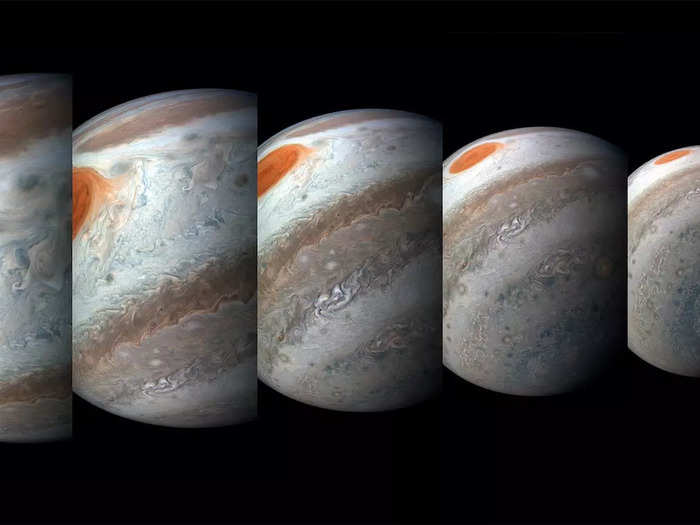 The successive images show Juno zipping from one pole to the other in just a few hours, approaching Jupiter and then flying away.