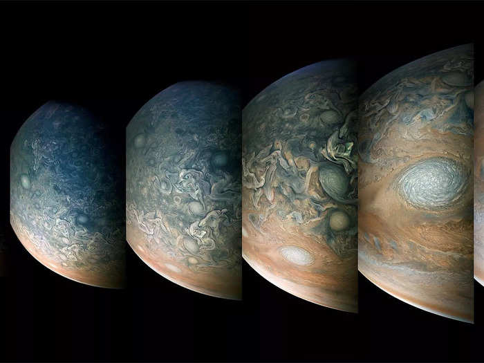 Seen together, the series of photos that Juno snaps during each flyby enables image processors - like Seán Doran, who created this composite - to show the spacecraft