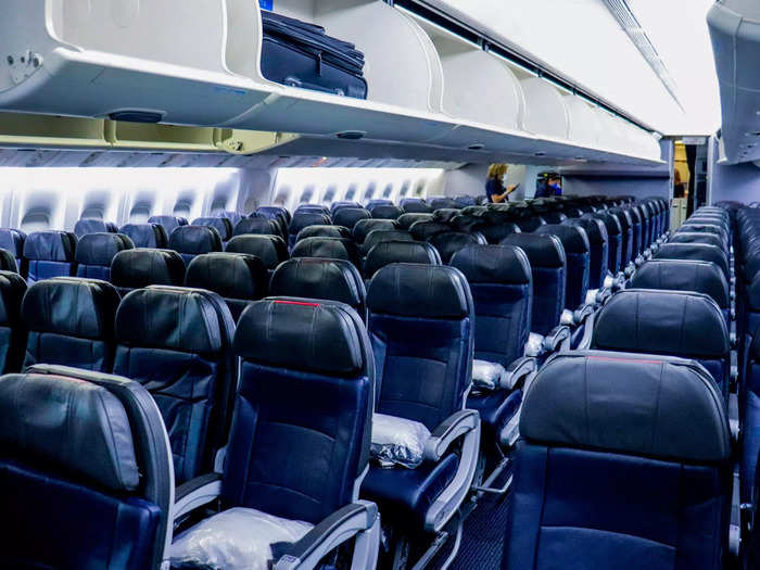 In economy, seats are arranged in a 10-abreast, 3-4-3 configuration that