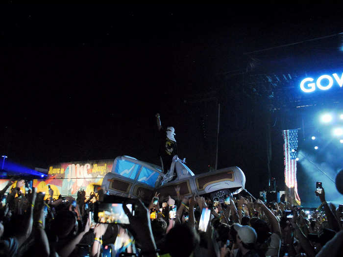 A$AP Rocky launched his performance by crowd-surfing inside of an inflatable car.