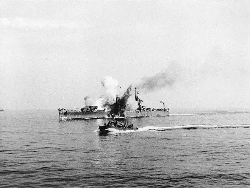 USS Savannah is hit by a German radio-controlled glide bomb