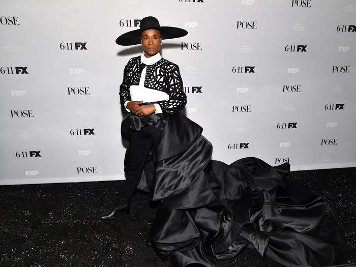 The actor went with a dramatic black ensemble for the 2019 "Pose" premiere.