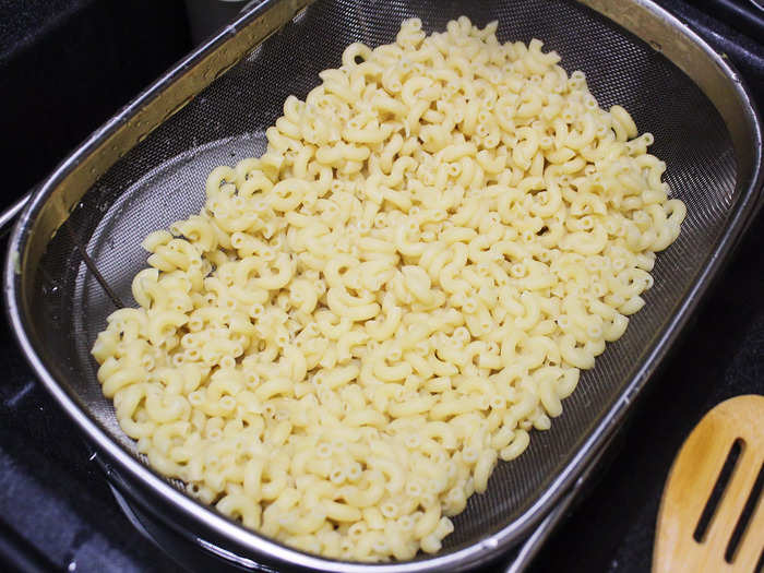 Next, I cooked the macaroni noodles. This was one step I was able to avoid with the slow-cooker version, but not the stovetop.