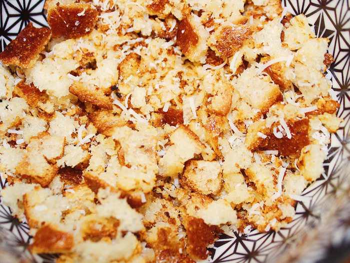 I mixed the toasted breadcrumbs with the Parmesan cheese in a small bowl.