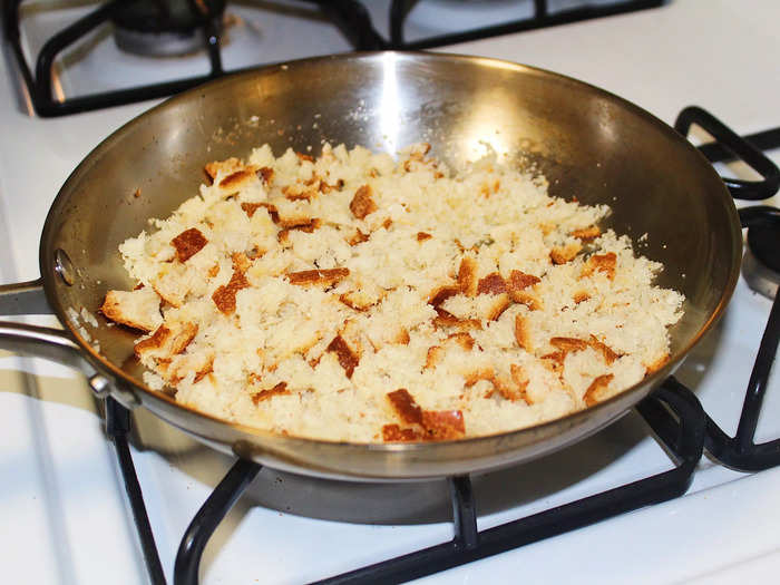 While the macaroni and cheese was cooking, I prepared the homemade breadcrumbs.