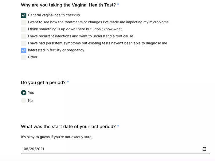 Before swabbing, Evvy asks you to create a profile and complete a health questionnaire online.