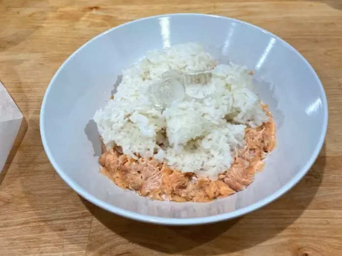 I microwaved the salmon and rice with several small ice cubes and a piece of parchment paper, and the ice cubes were still intact when I removed the bowl.